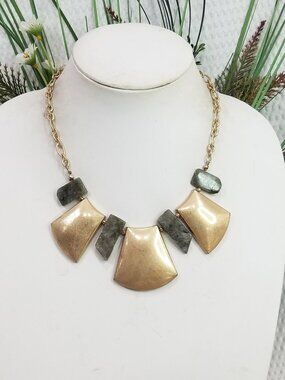 Vtg Egyptian Revival Style Labradorite Geo Matte Gold Tone Bib Choker Necklace